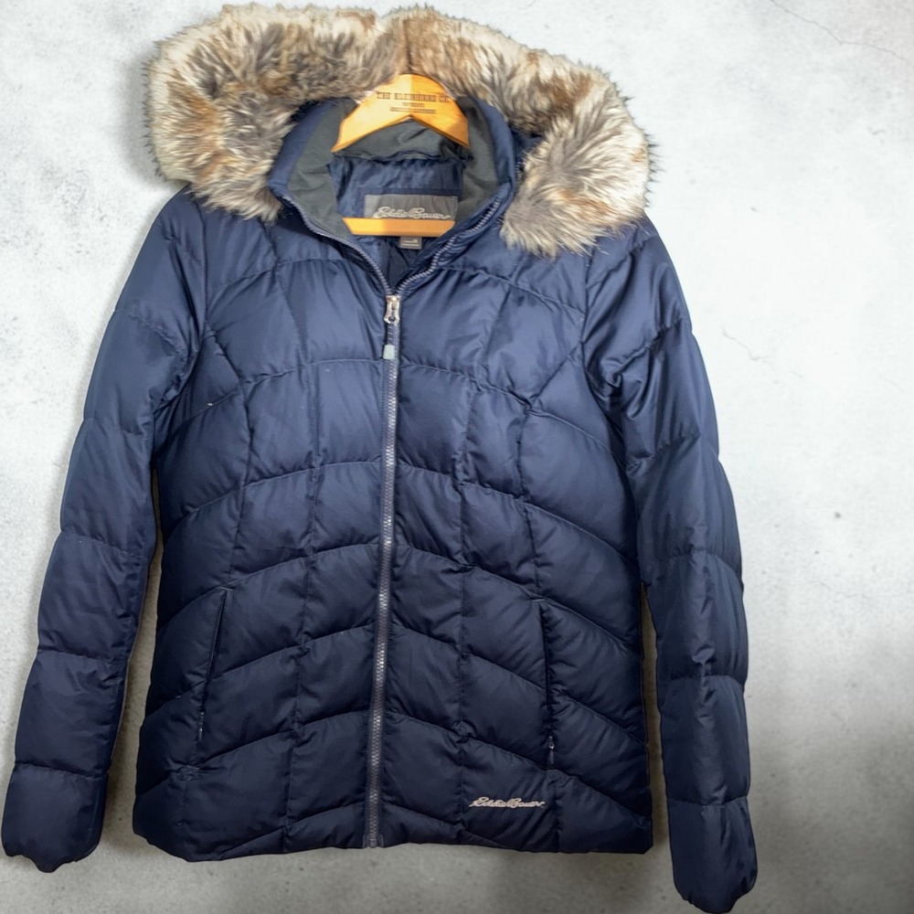 Eddie Bauer Sun Valley Down Parka Navy Blue Faux Fur Hood Jacket Womens M
